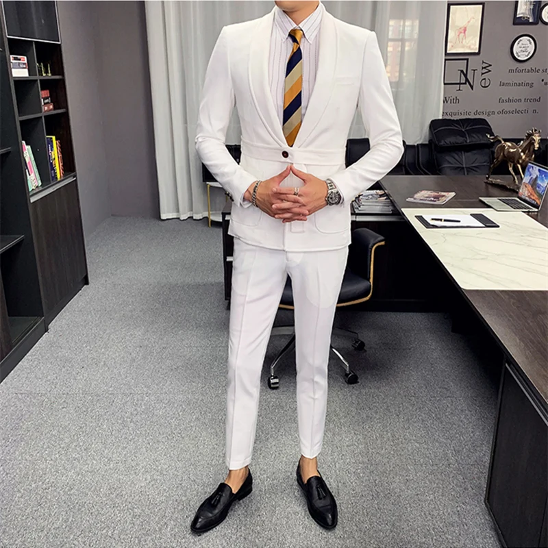 Plyesxale черный, белый цвет Мужские свадебные костюмы Стильный Slim Fit для мужчин s сценические вечерние костюмы на выпускной костюм из двух частей Homme Mariage Q892