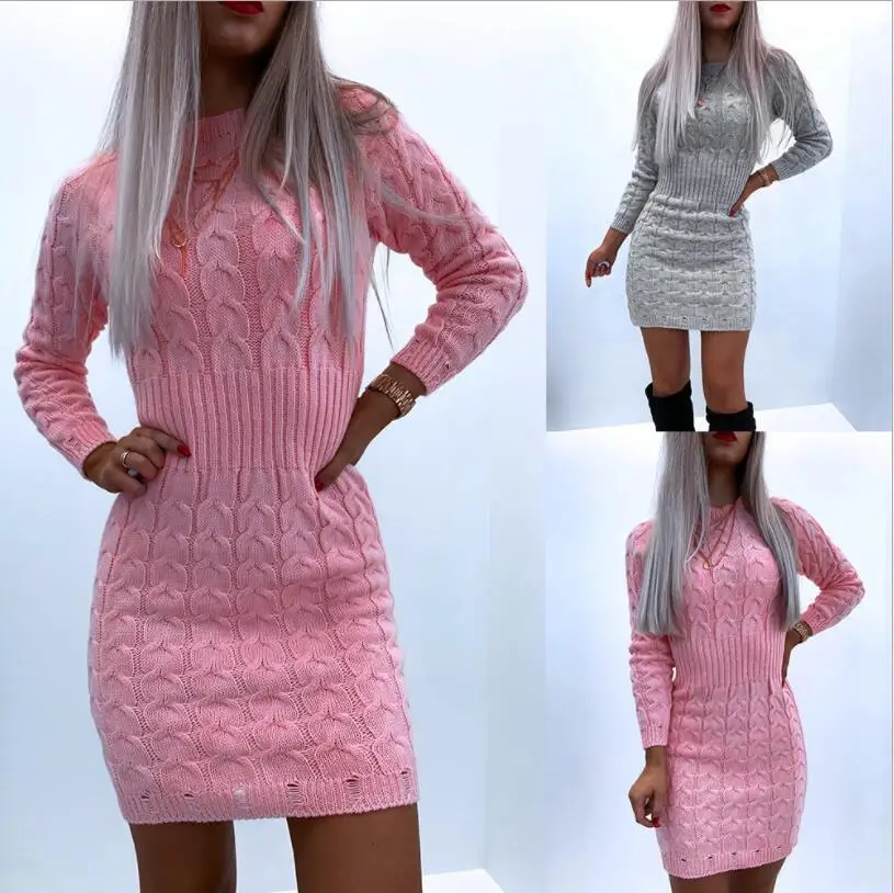 

Elegant Women Spring Autumn Knitted Mini Dress Patchwork Design O-Neck Long Sleeve Mid Waist Solid Slim Pullovers Pencil Dress