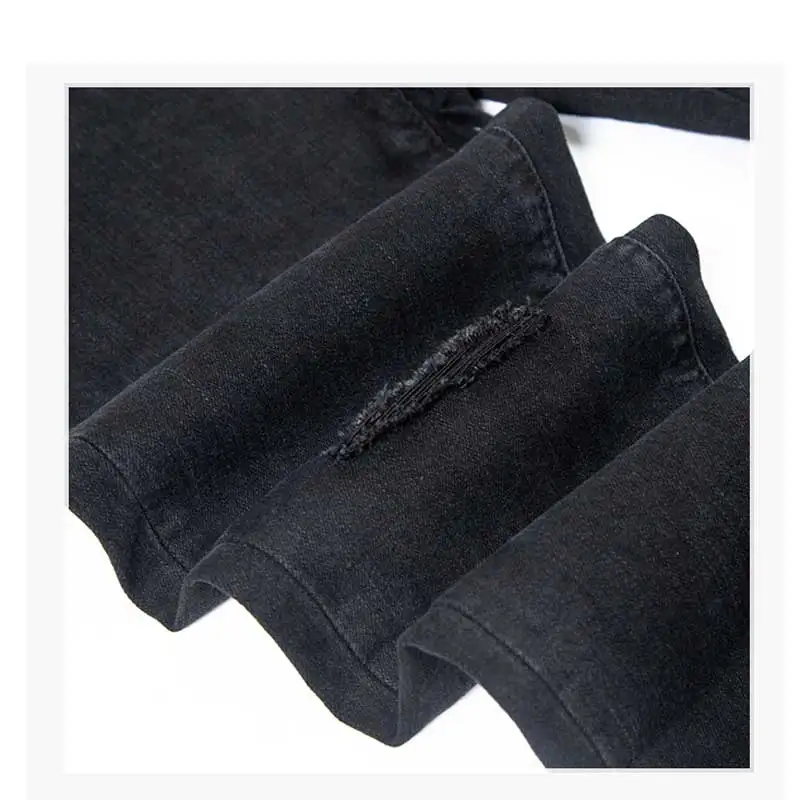 Черные джинсы с дырками для женщин весна Высокая талия девять точек Корейская версия стрейч тонкие узкие брюки летние женские джинсы