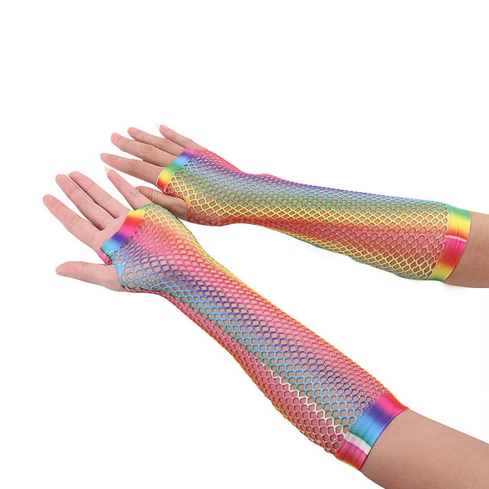 

1 Pair colorful Rainbow Printed Fingerless Mesh Net Fishnet Gloves Women Disco Dancing Party Gloves Girls Hollow Out Holes Glove