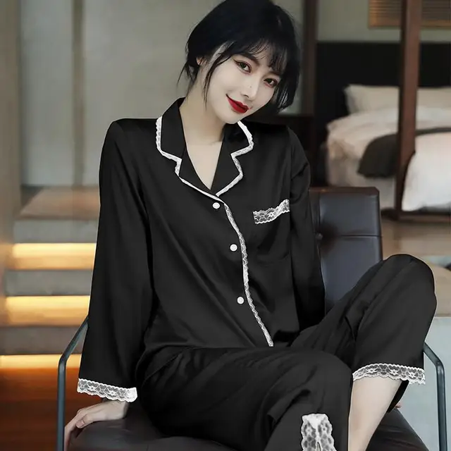 Lace Pj's 2PCS Sleepwear Women Satin Pajamas Suit Summer Pyjamas Casual Intimate Lingerie Long Sleeve Shirt&Pants Lounge Wear Black D