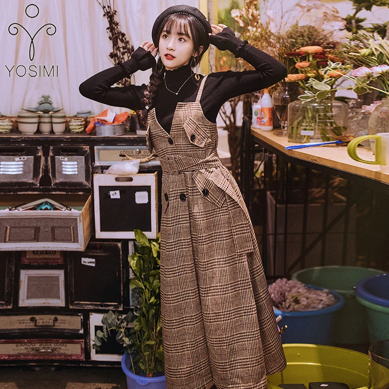 

YOSIMI 2020 Spring Women Two-piece Outfits Suit Full Sleeve Black Sweater and Retro Plaid Strap Dress Female Vestido Skirt Set