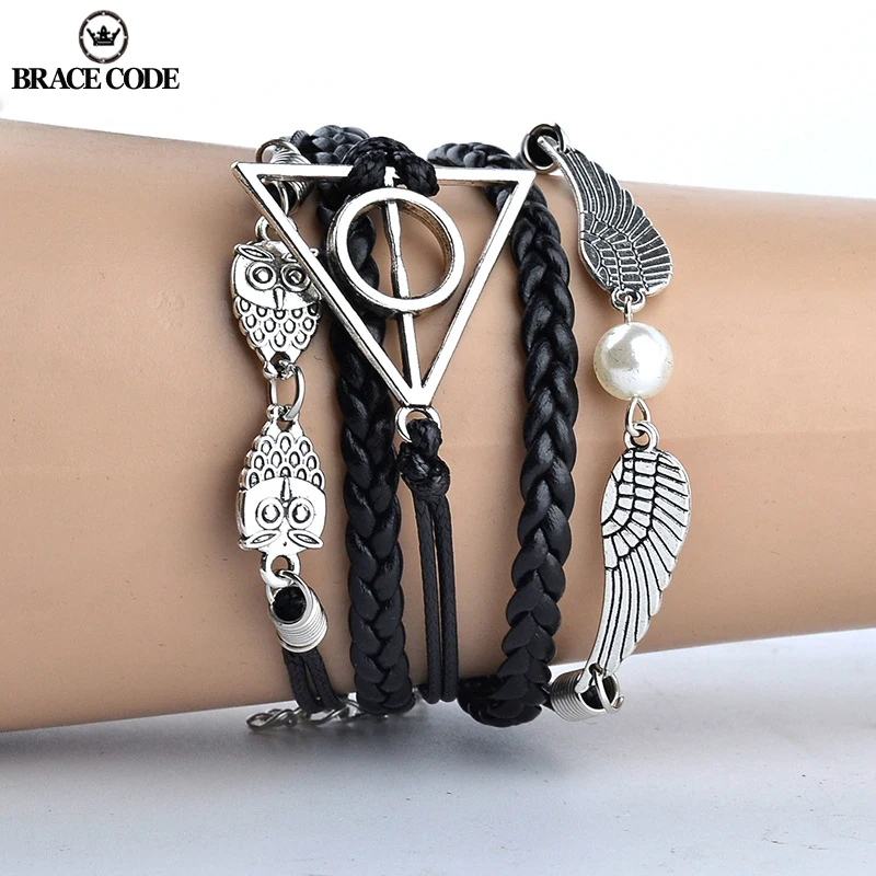 Pulsera de cuerda de cuero con código Vintage para Fans de películas, brazalete de varias capas con diseño de Harri Pot, reliquias de la muerte tejidas a mano, regalo de joyería