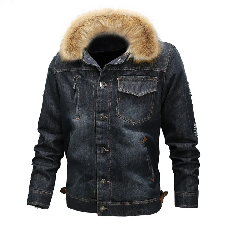 BOLUBAO, модные брендовые мужские джинсовые куртки, зимняя мужская повседневная Потертая джинсовая куртка, Мужская Толстая джинсовая куртка с меховым воротником, пальто