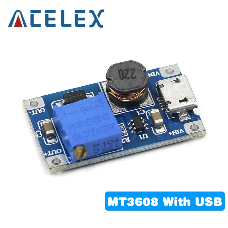 1 шт. MT3608 DC регулируемый Повышающий Модуль 2A повышение пластина Step Up с MICRO USB 2V 24V 5V 9V