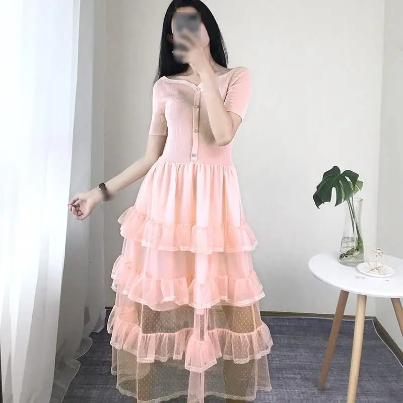 

2019 Spring Herf Women Used Mesh Midi Jurk Cascading Ruffle Jurk Depth Point Trui Short Mouwen A line Jurk Vestidos