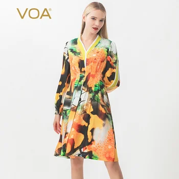 

VOA Silk Jacquard Printing and Dyeing Fake Collage Necking Long Sleeve Yellow White Clash Collage Simple Leisure A10695