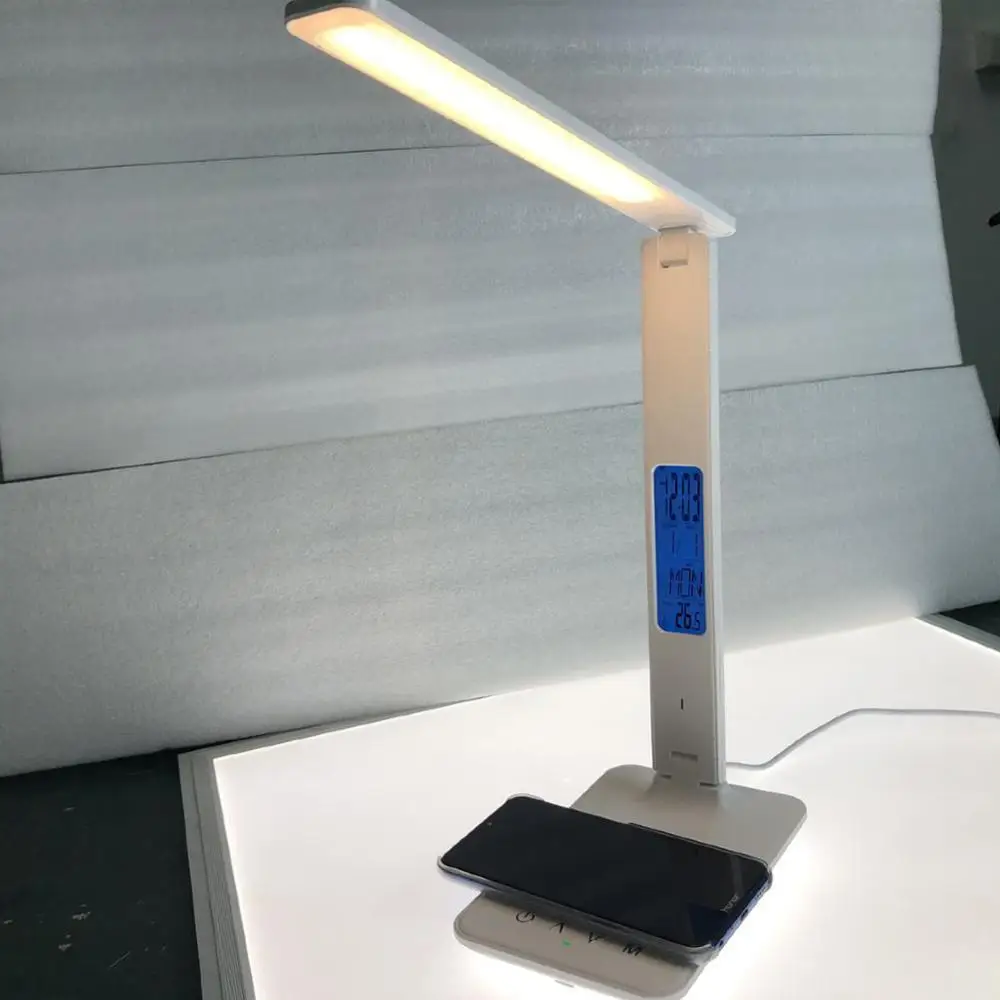 SMD LED Table Lamp Multi-purpose Desk Lamp QI Wireless Charging Touch Sensor Reading Light with Time/Temperature/Date Night Lamp