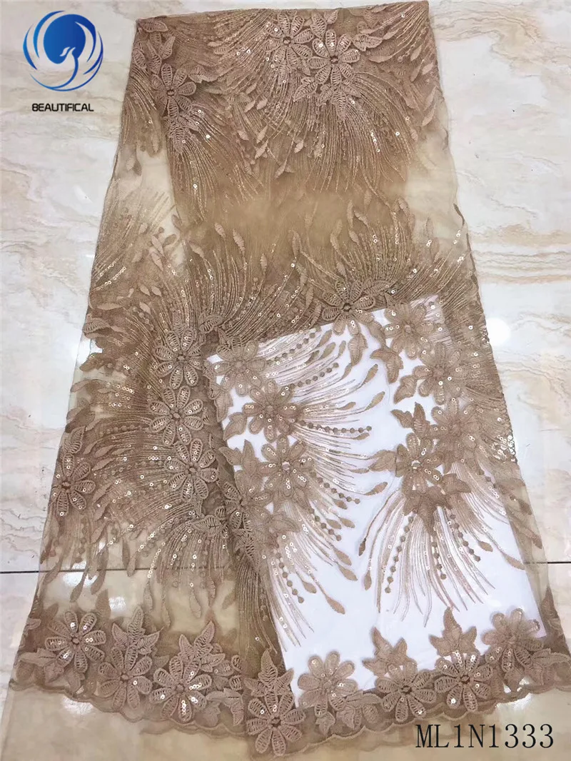 

Beautifical african lace fabrics New arrival embroidery flowers net lace with sequins 5yards lace sequins fabric ML1N1333