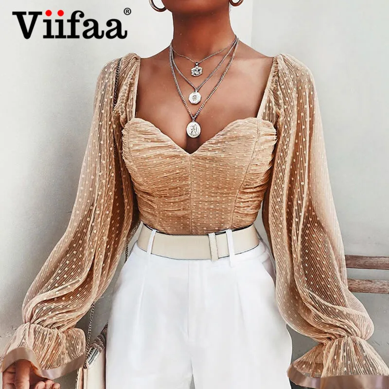 Viifaa абрикосовый горошек прозрачная сетка Ruched Элегантная укороченная Блузка