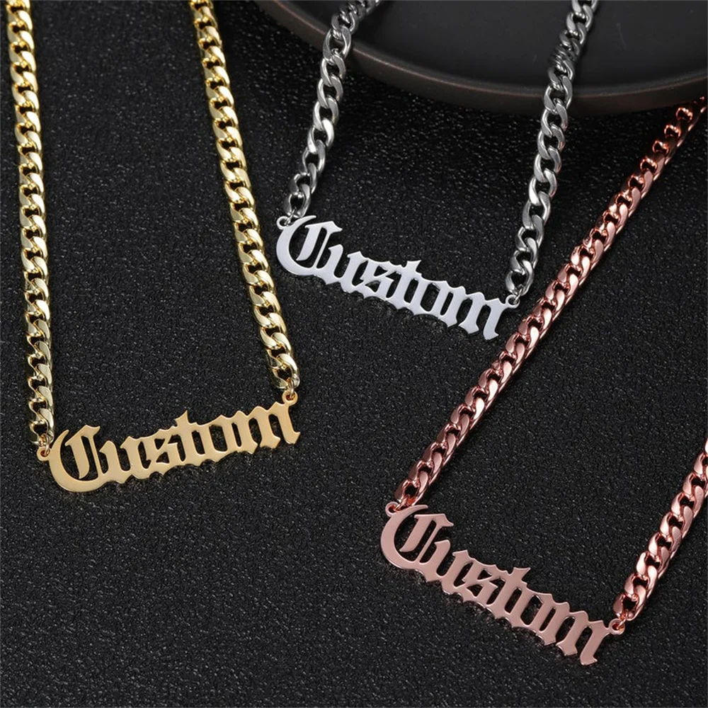 Customized Old English Cuban Name Pendant Necklace Fashion Stainless Steel Men's Women's Necklace Jewelry Gift