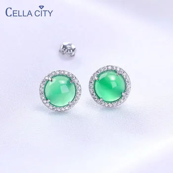 

Cellacity Pure 925 Sterling Silver Earrings for Women 8*10mm Green chalcedony Ear Studs Female Round Gemstone Earrings Anniversa