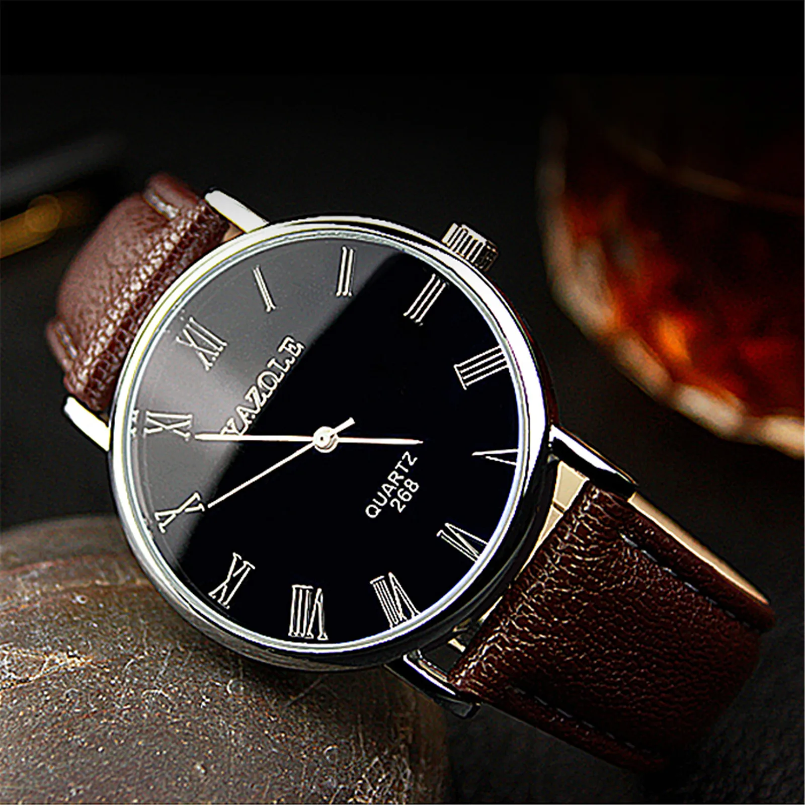 Mens Blu-ray Roman Numerals Quartz Analog Wrist Watch Black Band Black Dial Faux Leather Band Men Watches Digital Montre Homme