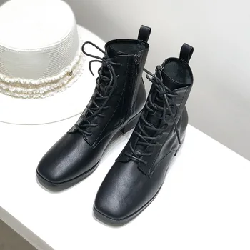 

2020 Autumn New Square Head Lace-up Side Zipper Simple Cool Lace-up Vintage Boots Women's Fashion