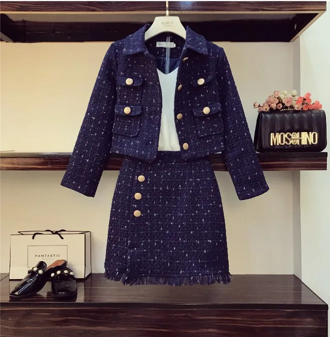 

2019 New Autumn and Winter Lady's Tweed Short Jacket Coat + Slim Hip Wool Skirt Two-piece Women Retro Skirt Suits