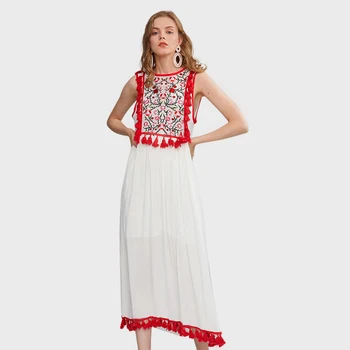 

Embroidery Floral Midi Dress Tassel Sleeveless O Neck Vintage Vestidos Summer Loose Casual Beach Boho Clothes 2020 Women Dresses