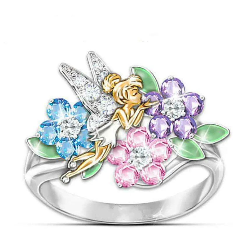

Beautiful Romantic Fairy Angel Wing Silver Rings for Women Multicolor Crystal Stone Flower Elegant Wedding Engagement Ring