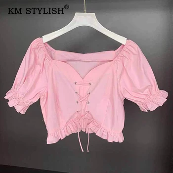 

New Women Solid Pink Ruffles Short Casual Blouse Female Fashion Sexy Short-sleeve Square Neck Tops