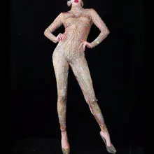 Голый комбинезон с принтом, блестящее боди, декорированное камнями, одежда для сцены, Женский костюм певицы, костюм королевы, купальник