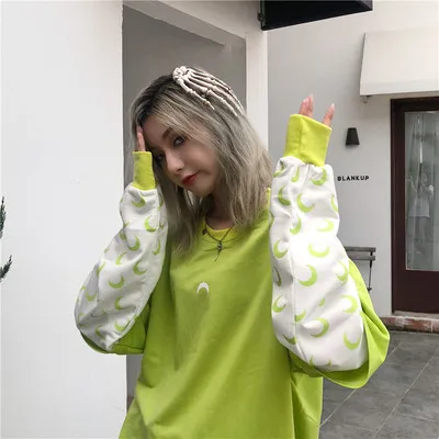green Поддельный Двухсекционный свитер женский корейский ins moon print Harajuku винтажный BF модный Свободный Повседневный Женский свитшот - Цвет: green