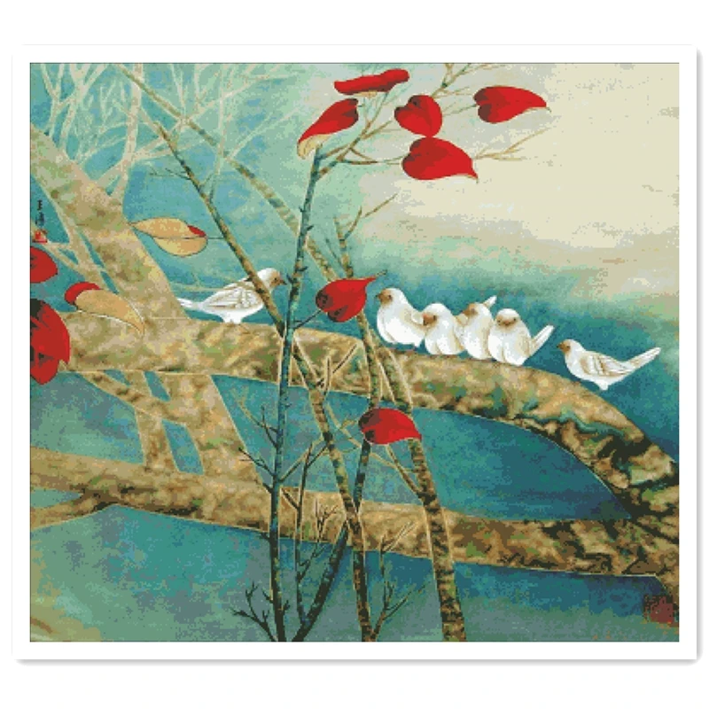 Набор для вышивки крестом Белые птицы и красные листья крестиком aida 14ct 11ct холст