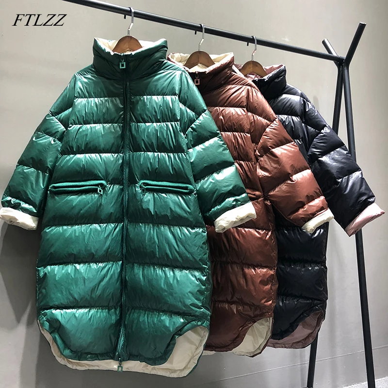 

FTLZZ 2019 New Ultra Light White Duck Down Parka Winter Women Down Long Jacket Zipper Black Windproof Down Outwear