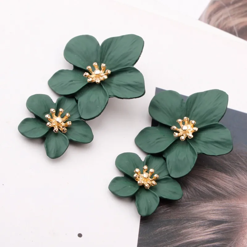 Dark Green Многоцветные двухслойные серьги в виде цветка для женщин, для свадебной вечеринки, Boho, ювелирное изделие, массивные большие Лепестковые серьги в виде капель, Букле д 'Орель - Окраска металла: Dark Green
