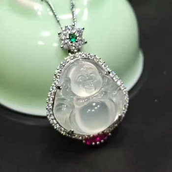 

Wholesale Natural Ice Chalcedony Buddha Pendant S925 Silver Inlaid White Chalcedony Pendant Necklace Women's Laughing Buddha Pen