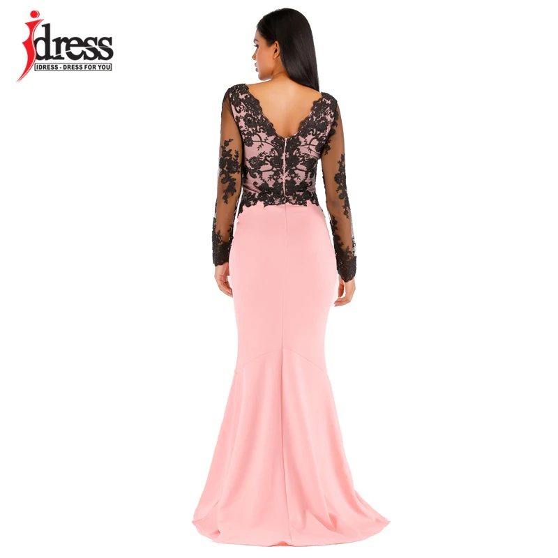 IDress High Quality Elegant V Neck Evening Mermaid Wedding Party Dress Sexy Lace Patchwork Dress Full-Length Maxi Long Dress (6)