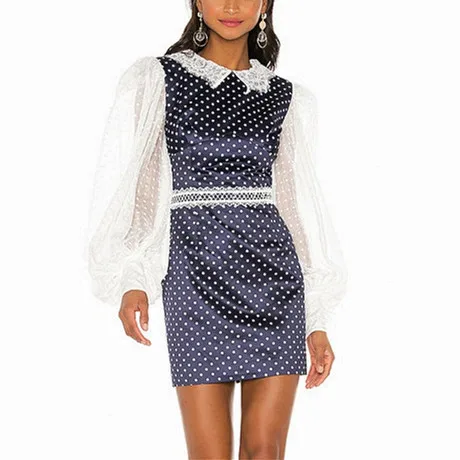 

Contrast Flock Polka Dot Silk Satin Crepe Puffy Dress Lace Eyelash Patchwork Shift Dress Sheer Lantern Sleeve Polly Mini Dress