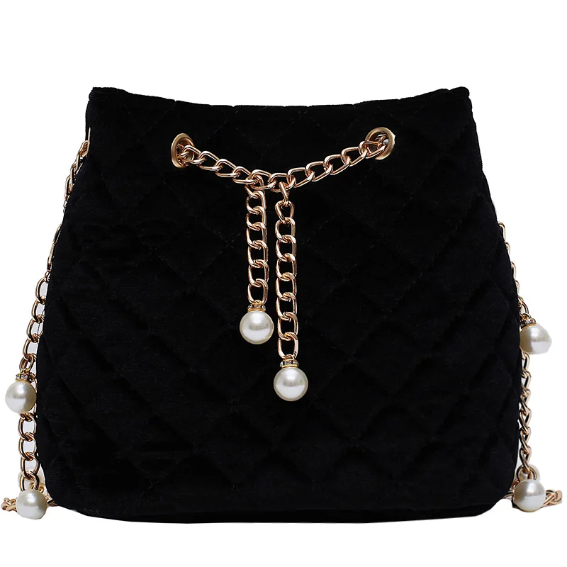 Модная женская велюровая сумка, стеганая женская сумка-мессенджер, сумка на цепочке, женская сумка, бархатная сумка через плечо, Роскошная Новая сумка на шнурке - Цвет: black