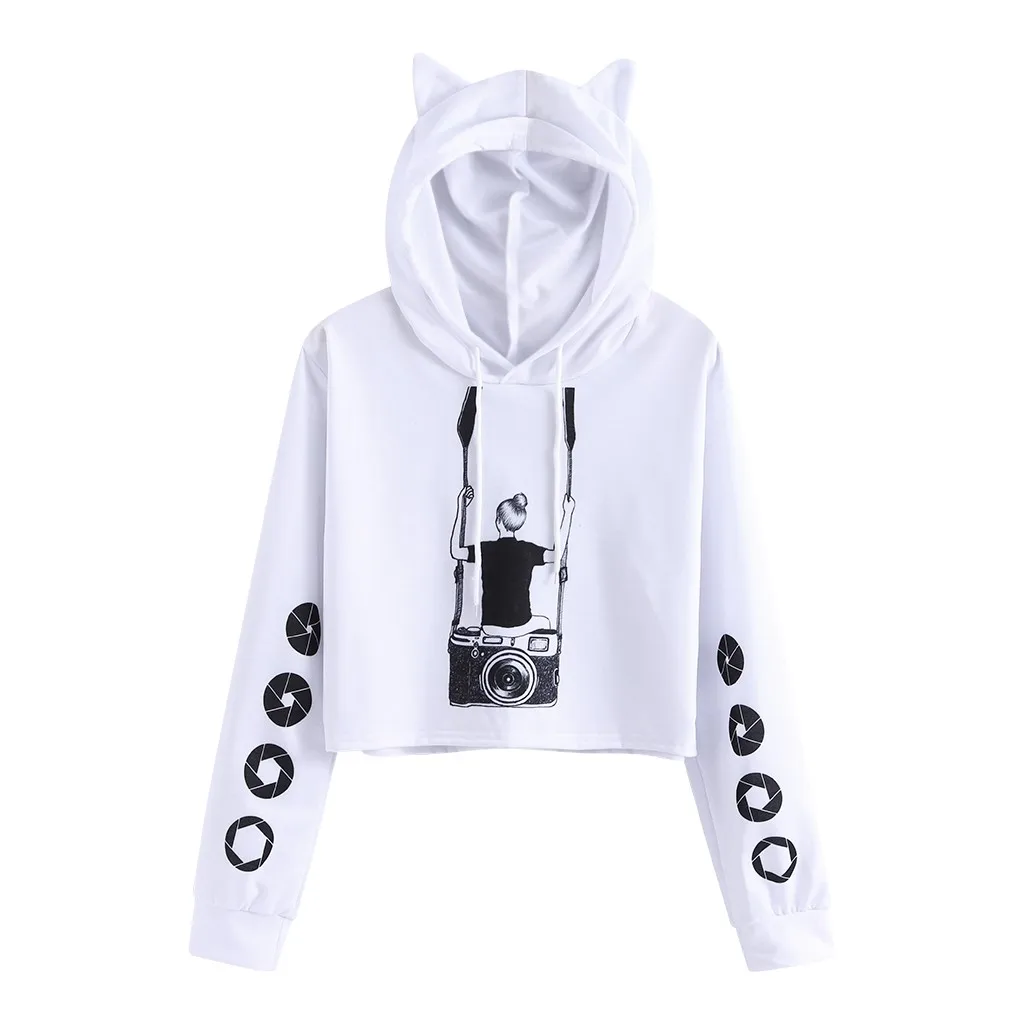 

Ladies Fashion Cat Ear Hooded Camera Print Sweatshirt Autumn Winter Long Sleeve Fashion Drawstring Turtleneck Sweatshirt Top