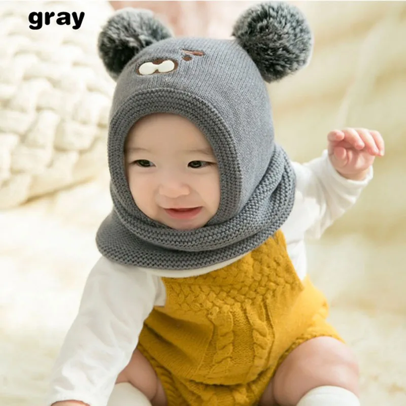 Шапка для новорожденных; кашемировая утолщенная зимняя детская шапка; теплая ветрозащитная вязаная шапка; шарф с рисунком медведя; шапка для малыша 3-22 месяца - Цвет: grey hat scarf