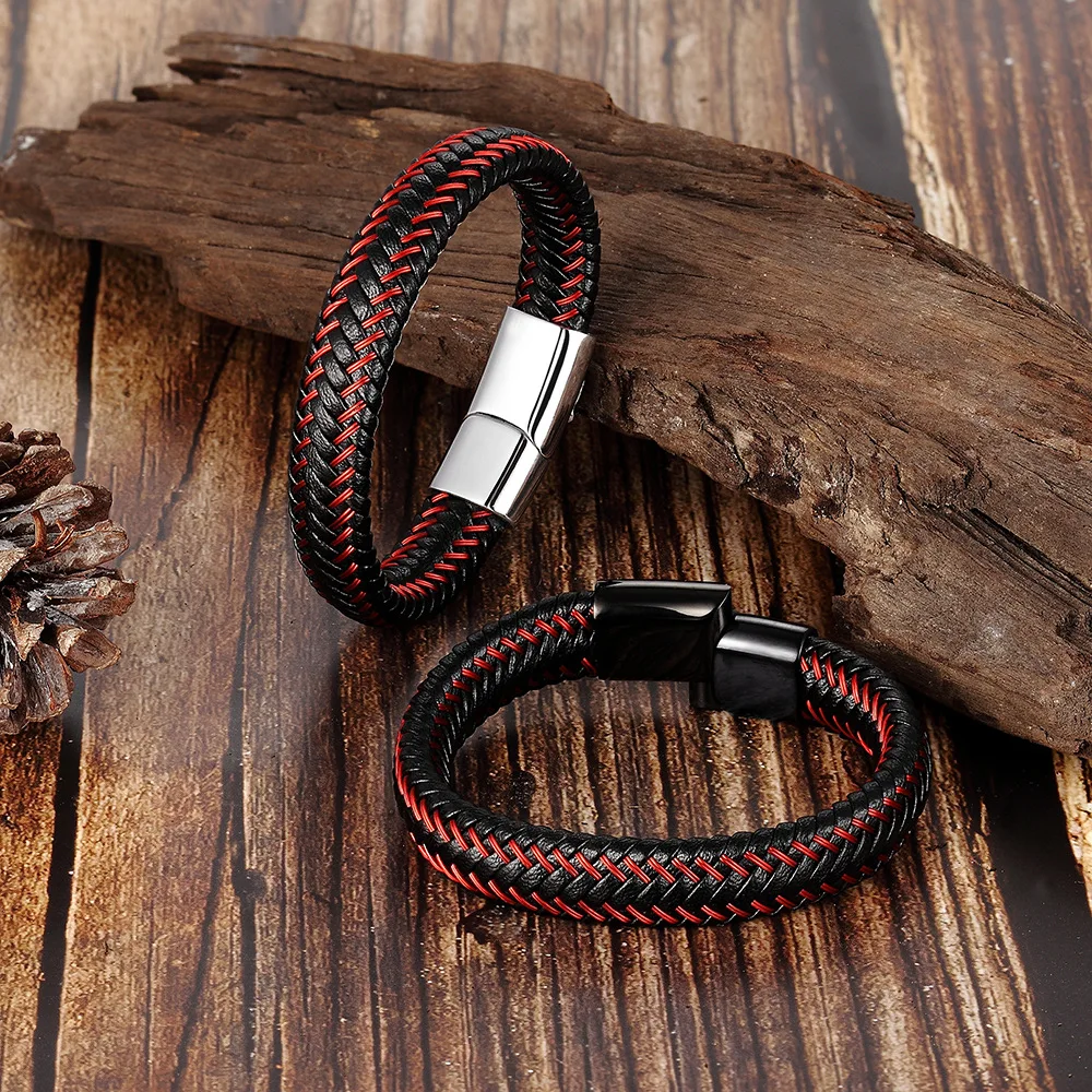 Leather Rope Bracelet Stainless Steel Leather Braided Bracelet Leather Bracelet Red Bracelet Men's Leather Jewelry - Image 3