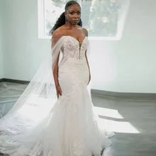 

Cowl Backs Mermaid Wedding Dresses 2021 Lace Appliques Bridal Gown Off Shoulder Iussion Top Garden Vestido De Noiva