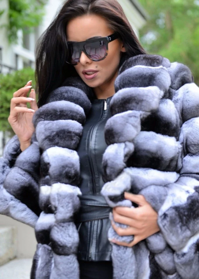 Excellent New Women Real Chinchilla Rex Rabbit Fur Coat From Natural With Big Turn-down Collar Skin Rex Rabbit Fur Jacket Genuine RB-067 1