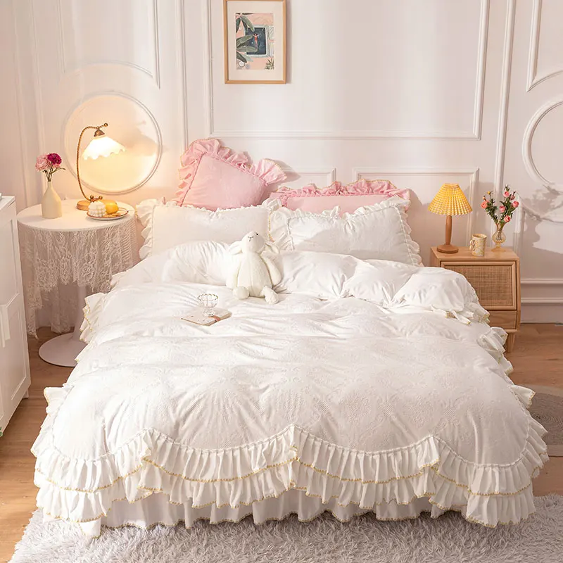 White Princess Bed Skirt Style Ruffle Fleece Fabric Winter Thick Warm