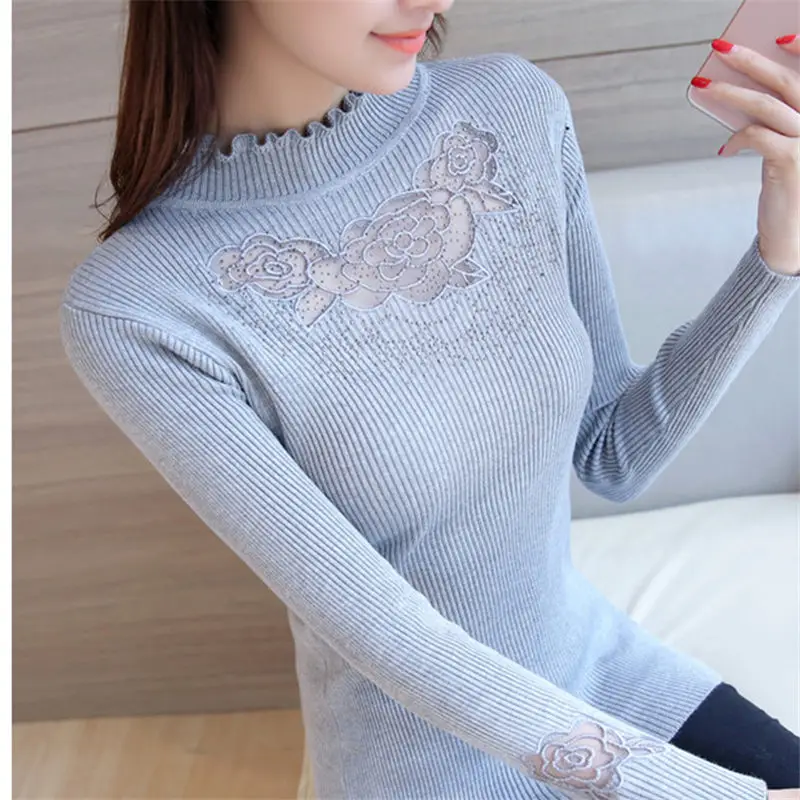 

Autumn Winter Solid Half Turtleneck Pullovers Sweaters Women Spring Sexy Gray Embroidery Lace Knitted Slim Sweater Female Top