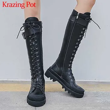 

Krazing Pot high street fashion cool round toe lace up long boots cow leather winter warm punk women zip thigh high boots L61