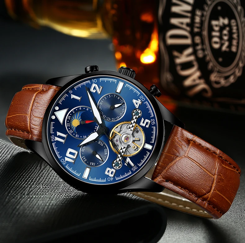 HAIQIN, фаза Луны/дисплей недели/Tourbillon, механические часы, мужские, повседневные, деловые, модные, из нержавеющей стали, мужские часы, Rloj Hombre