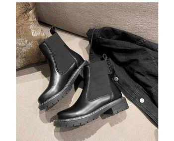 

Leather boots black elastic band 2020 new fashion Joker women's boots comfortable wear-resistant non-slip rubber bottom