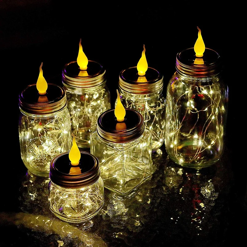 6 шт. в упаковке, солнечные лампы Mason Jar с ручками для свечей и пламени, 20 светодиодных гирлянд, сказочные светлячки, крышки, вставки для обычного Mou