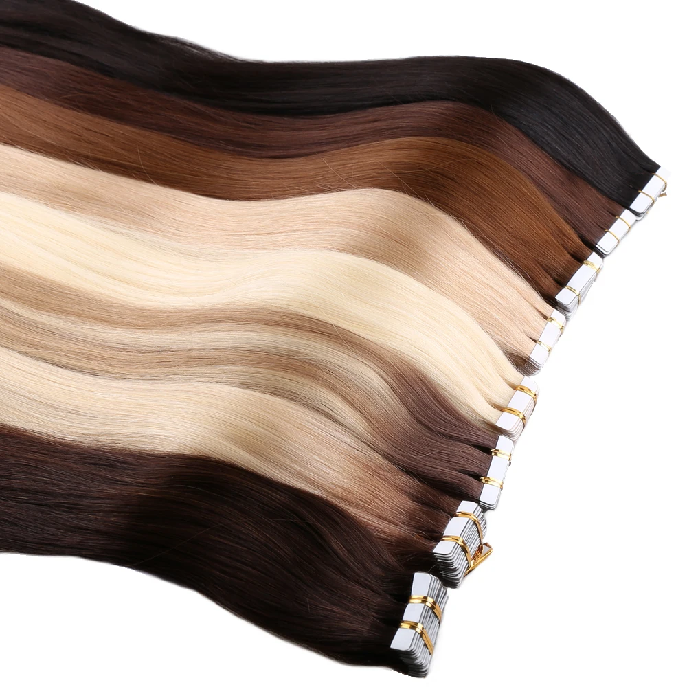 Cinta en extensiones de cabello recto Invisible sin fisuras de cabello Natural Remy extensiones de cabello humano 18 20 22 adhesivo de la trama de la piel