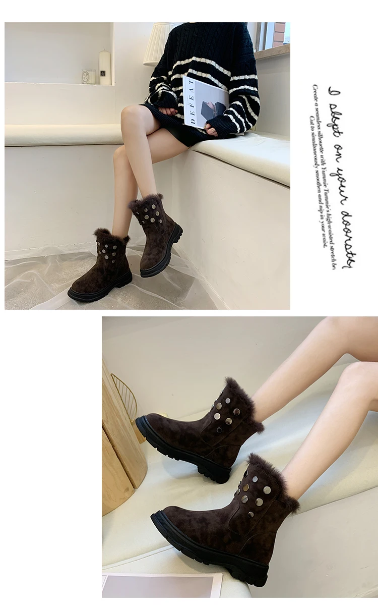 Slip-On Lady Boots Round Toe Bootee Woman Low Heels booties Brand Women Shoes Australia Ladies Fashion Mid-Calf Winter B066