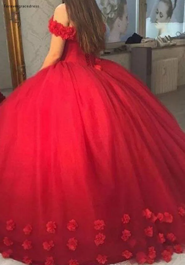 2018 Red Ball Gown Quinceanera Dresses Off Shoulders Corset Backless Hand Made Flowers Sweet Sixteen Vestidos de 15 Anos Pageant Dress Prom  158 (1)
