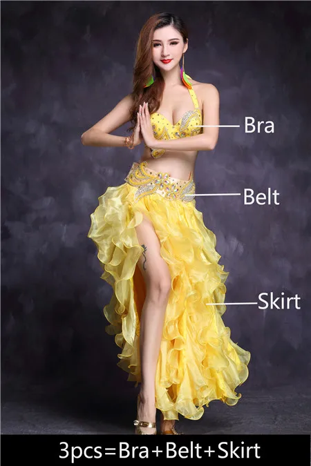 Yellow 3pcs Костюм для танца живота набор для женщин юбка для танца живота Восточный Болливуд для взрослых египетская индийская танцевальная одежда высокого качества - Цвет: Yellow 3pcs