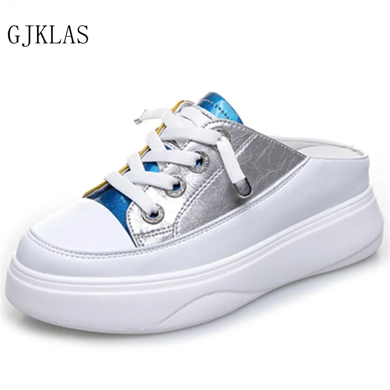 

Genuine Leather Casual Shoes Platform Sneakers Half Slippers New Fashion Slip on Shoes for Women Vulcanize Shoes Woman Slippers