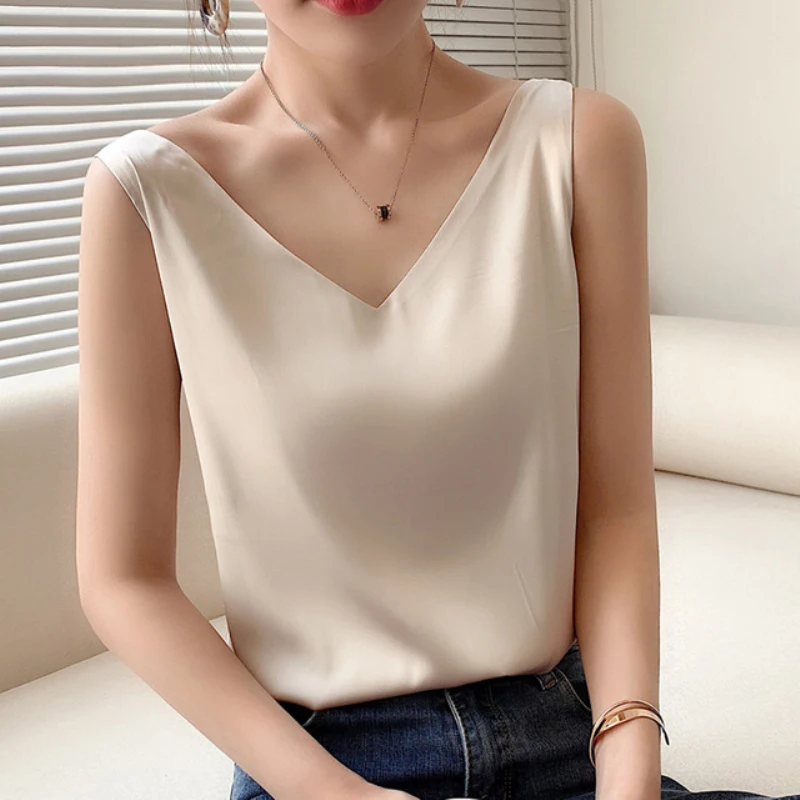 2022 Summer Silk Blouses Solid Sleeveless Crop Casual Camis Tank