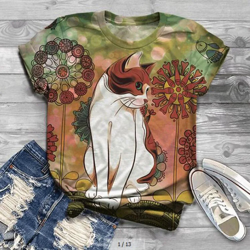 Plus Size Vintage Shirts Women Tshirts Short Sleeve 3D Animal Printed O-Neck Tops Tee T-Shirt Blusas mujer camisetas