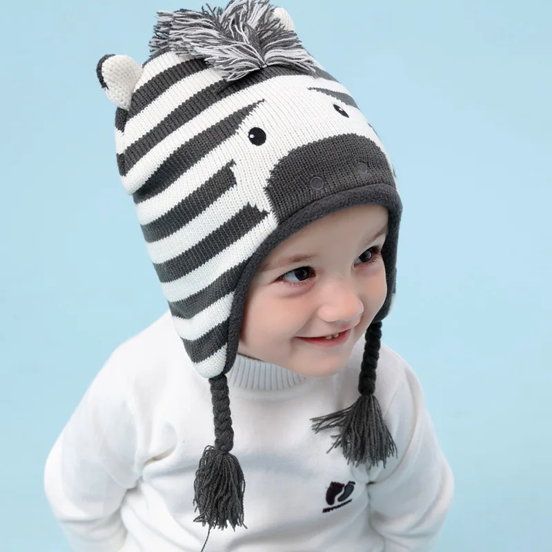 Шапка-ушанка для мальчиков и девочек; детская зимняя флисовая шапочка; теплая осенняя шапка с принтом зебры; уличная лыжная шапка; аксессуары для малышей